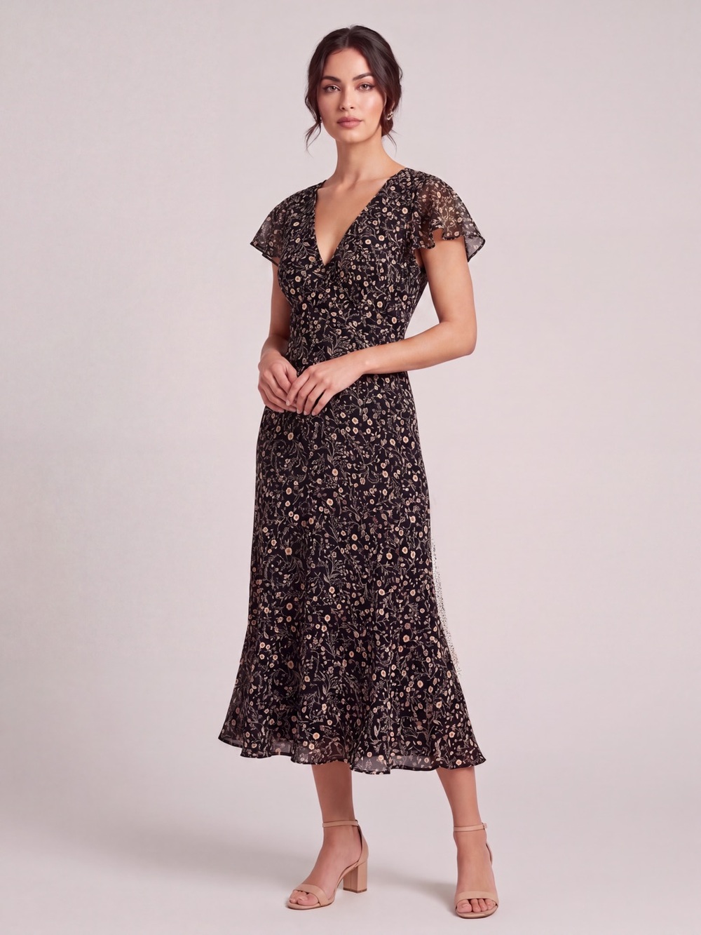 Black Floral Ruffle Midi Dress with V-Neck